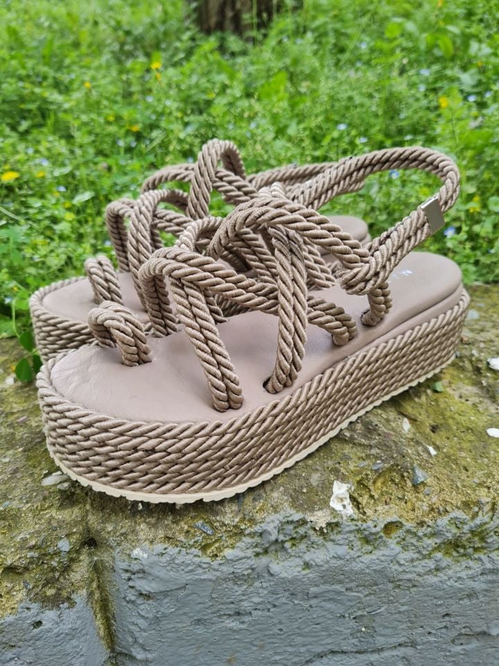 Betz Shoes | Kadın Hakiki Deri İpli Sandalet Betz 191197 Vizon