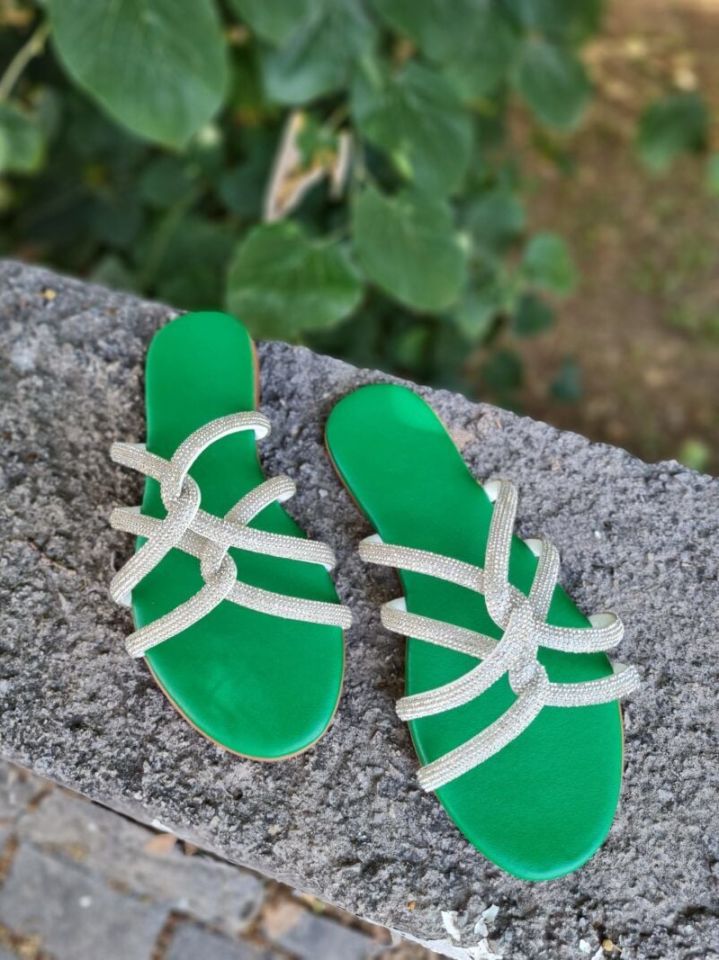 Betz Shoes | Kadın Suni Deri Taşlı Terlik Betz 290201 Yeşil