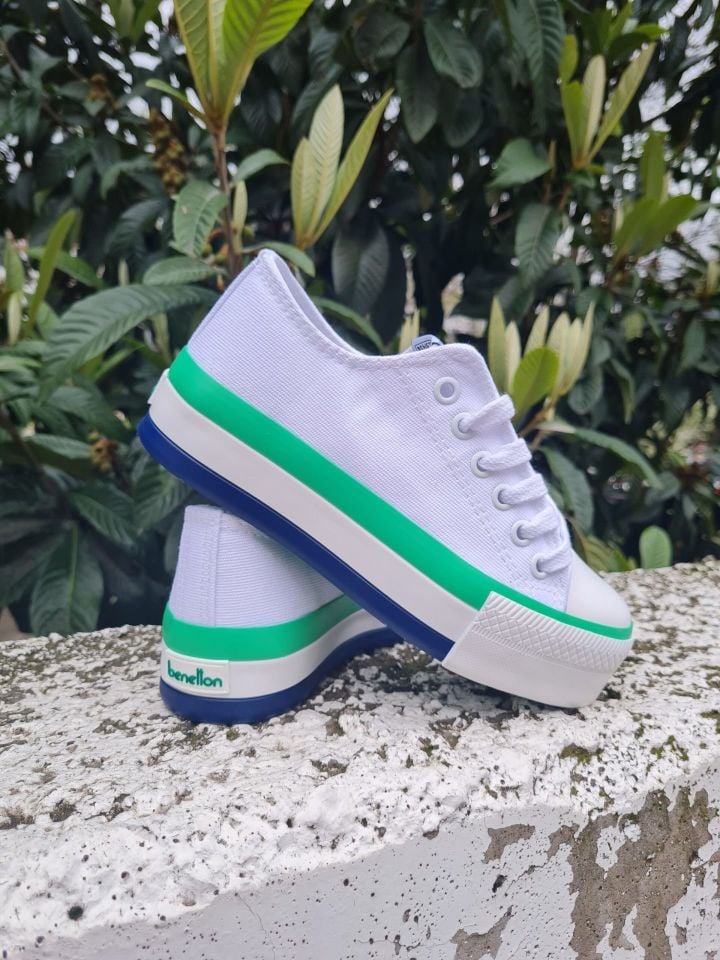 Benetton | Kadın Keten Spor Ayakkabı BN 30937 Beyaz Yeşil